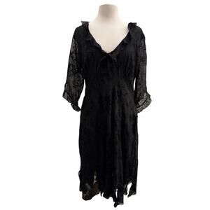 VIntage 90s Whimsigoth Black Midi Dress Sheer Lined Ruffle Fairygrunge Vneck Med
